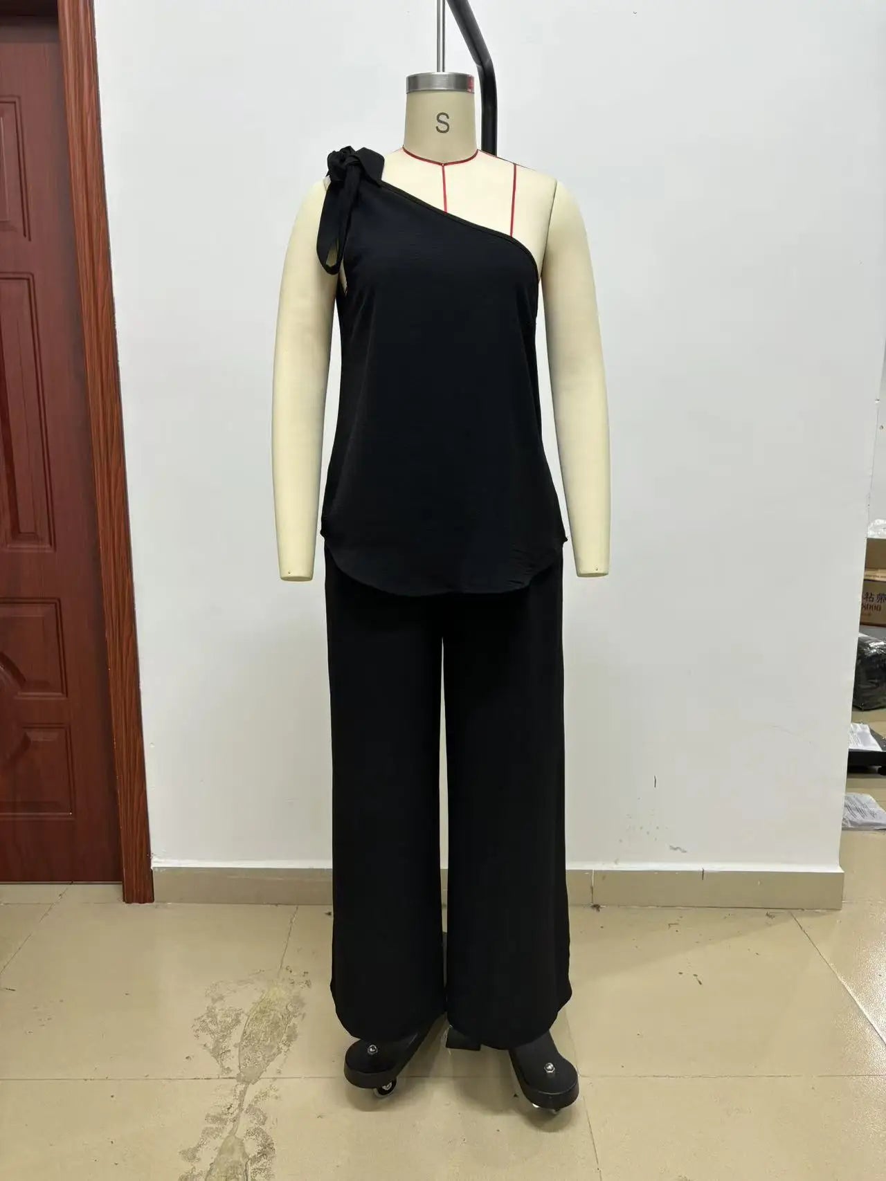 Women's 2 Piece Set 2026 Summer Sexy One Shoulder Tie Knot Top And Wide Leg Pants Suit Casual Loose Summer Beach Vacation Outfit