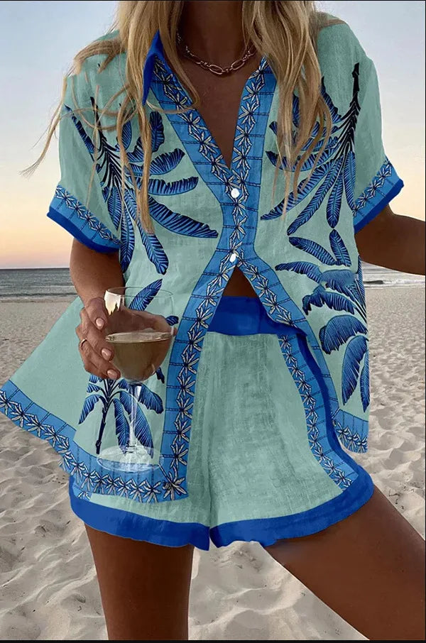 Fashion Print Beach Holiday 2 Piece Set Women Summer Short Sleeve Shirt Top Wide Legs Shorts Women's Oversize Two Piece Outfit