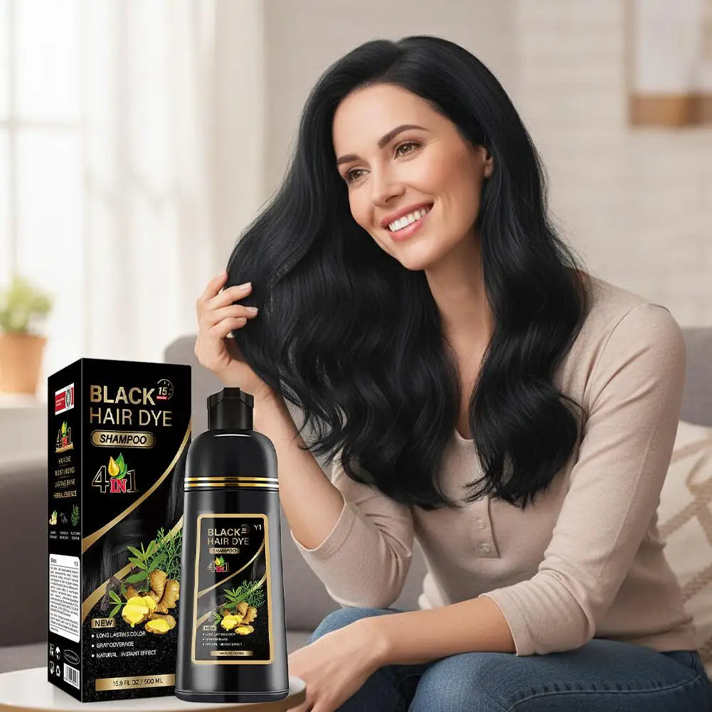 Black Brown Hair Dye Shampoo 500ml,4-in-1 Color Shampoo for Gray Coverage, Long-Lasting Natural Hair Coloring for Women Men