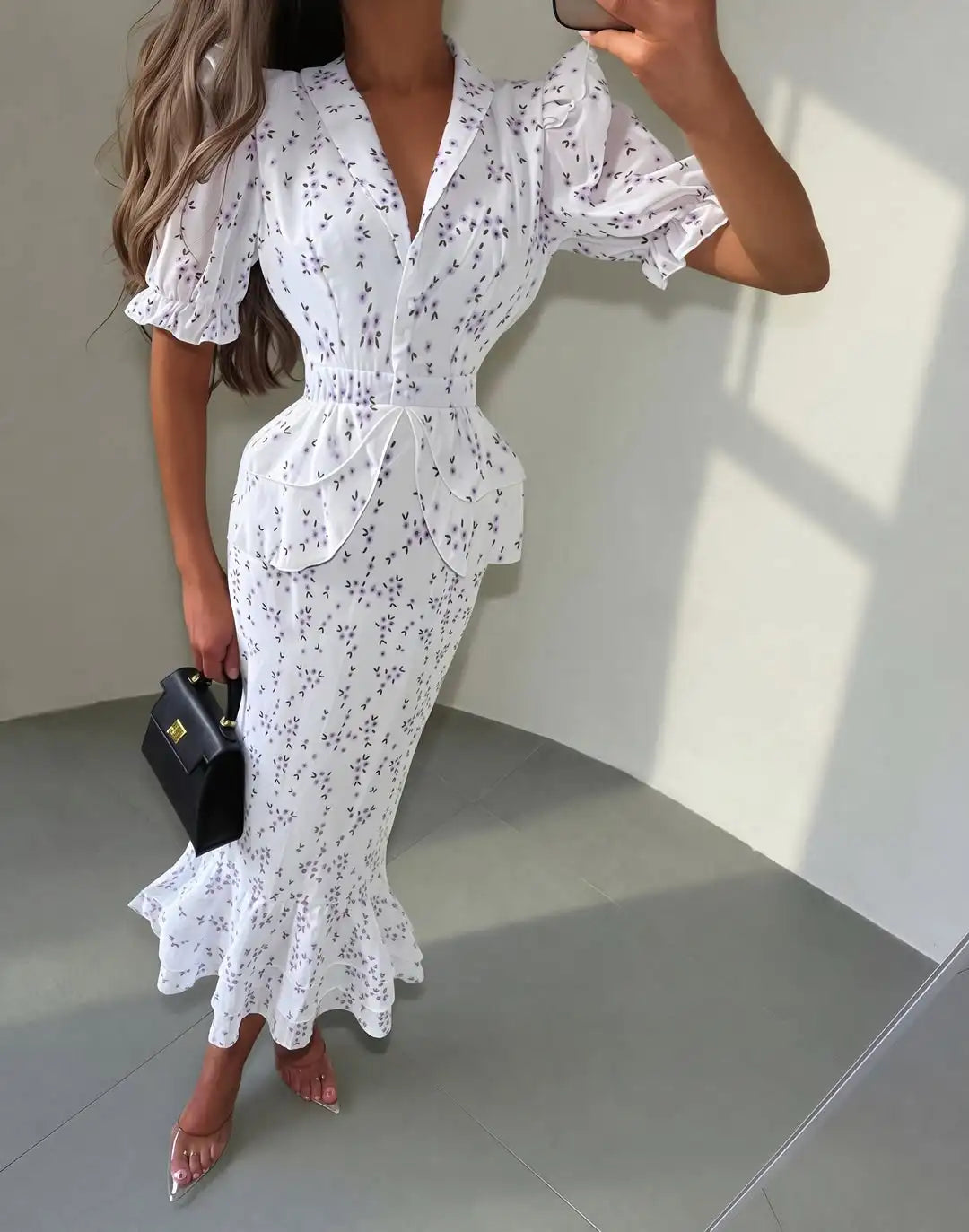 Organza Floral Printed Maxi Dress Women V Neck High Split Puff Sleeve Waist Cinching Ruffle Long Dresses Vacation Summer Outfits