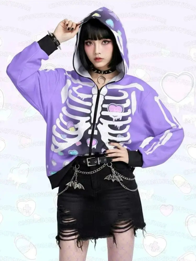 Women's Broken hearts Unisex Zipper Hoodie Rib Cage Spooky Cute Pastel Goth Menhera Halloween Creepy Cute Skeleton Hoodies