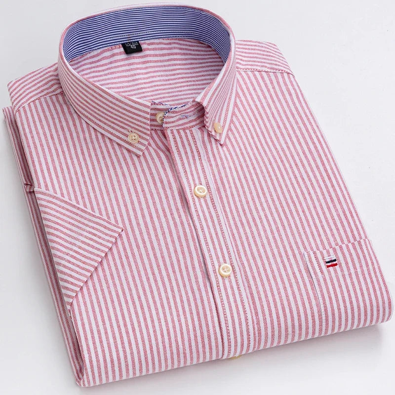 2025 100% Pure Cotton Men's Oxford Short Sleeve Square Collar Soild Plaid Striped Summer Casual Shirts Single Pocket  Shirt