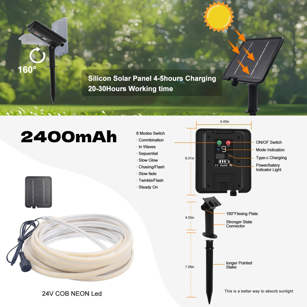 Waterproof Outdoor Solar COB LED Neon Light Strip 24V 320LEDs/m RA90 Linear Flexible Solar Lights for Yard Garden Decoration