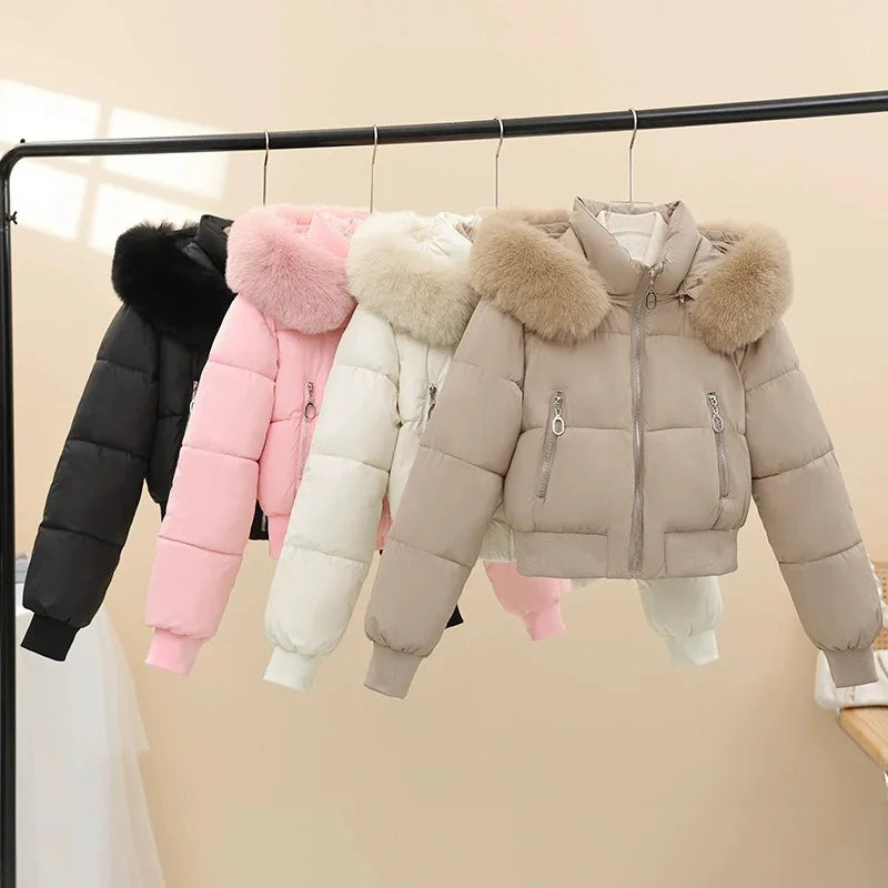 Women Winter Cotton Coat Short Fur Collar Hooded Outerwear Windproof Warm Long Sleeve Jacket Solid Color Slim Fit Lady Down Coat