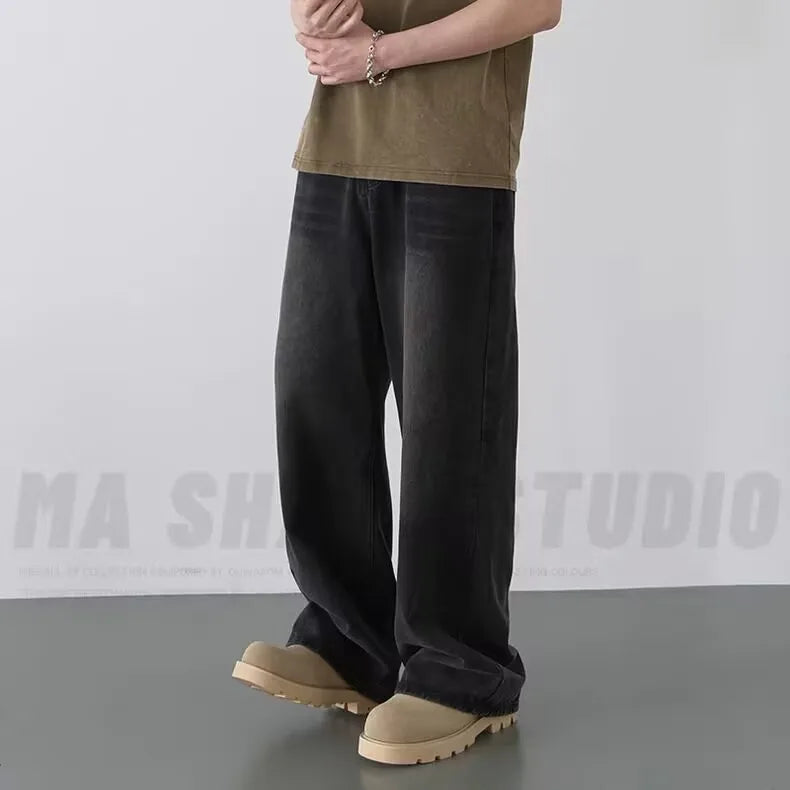 Spring Autumn Men's New Denim Pants Old Blue Washed Casual Jeans Menwear Loose New Fashion Contrasting Color Wide Leg Trousers