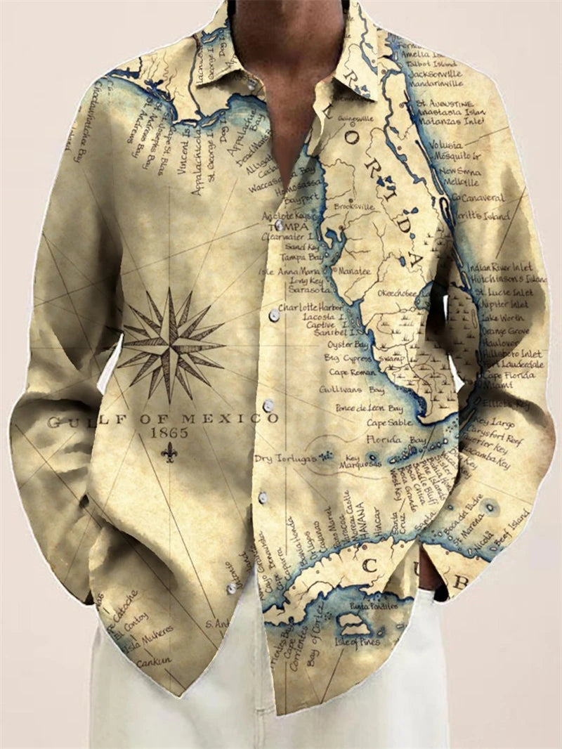 Fashion Earth Map Graphic Shirts For Men Street Style Casual Unisex Retro 3D World Map Print Long Sleeve Shirt Designer Clothes