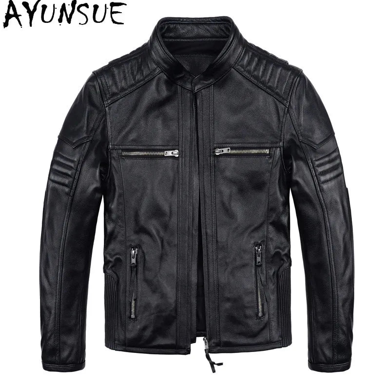 AYUNSUE Pure Cowhide Men Leather Jacket Fashion Stand Collar Short 100% Genuine Cow Leather Real Jacket Slim-fit Motorcycle Wear