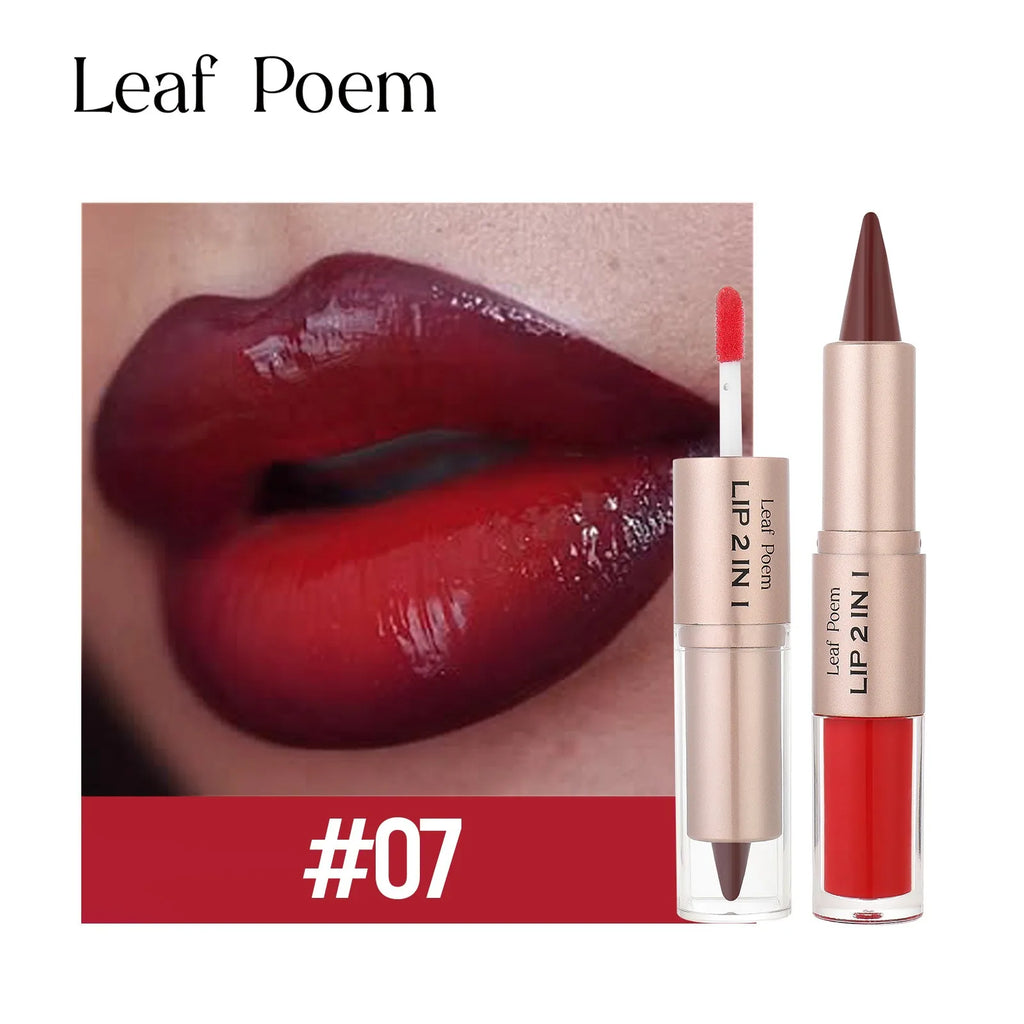 2 In 1 Dark Plum Pink Lip Makeup Matte Outline Lip Liner Mirror Plumping Lip Glaze Waterproof Lip Contour Non Stick Makeup