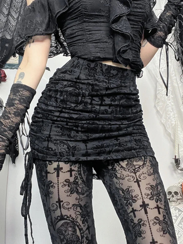 AltGoth Gothic Dark Flocking Pants Women Streetwear Aesthetic Emo Alt Grunge See Through Lace-up High Waist Flare Pants Female