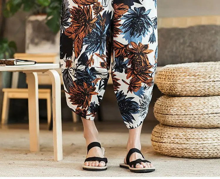 Men's Casual Cotton Linen Seven-Foot Pants Summer plus Size Lantern Loose Fit Shorts Harlan Style Comfortable Breathable Leis...