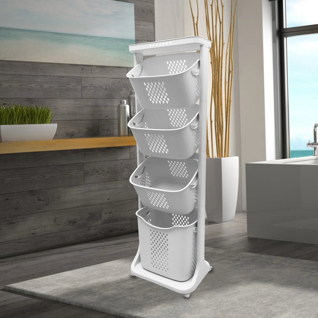 2/4 Tier Laundry Basket Cart Removable Rolling Cart Storage Buckets Plastic Hamper with 4 Wheels Organizer Portable Sort