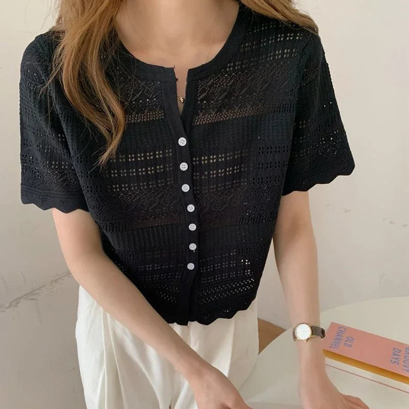 Chic Hollow Out Knitted T-Shirt Women 2026 Summer Button Up Short Sleeve Crop Tee Woman All Match Round Neck T Shirt Female