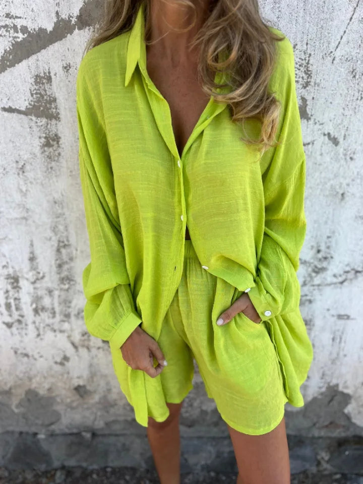 2026 Women's Casual Solid Color Cotton and Linen Shorts Long Sleeve Wrinkle Shirt Two-piece Set