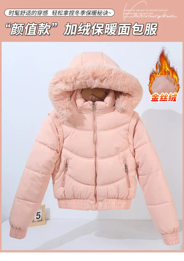 Winter Thickened Short Korean-Style Cotton-Padded Jacket with Fur Collar for Petite Women Warm Coat down Filled