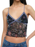 Summer women's retro floral vest with lace trim, V-neck adjustable sexy short vest, suitable for daily street casual Y2K vest
