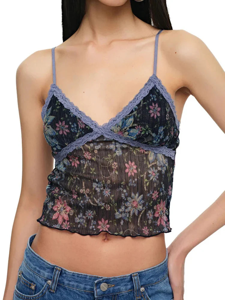 Summer women's retro floral vest with lace trim, V-neck adjustable sexy short vest, suitable for daily street casual Y2K vest