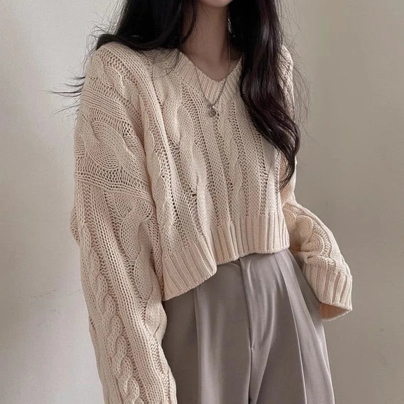Vintage Twist Cropped Sweater Pullover Women Autumn Winter Loose V-Neck Knitted Jumper Lazy Style Classic Long Sleeve Knitwear