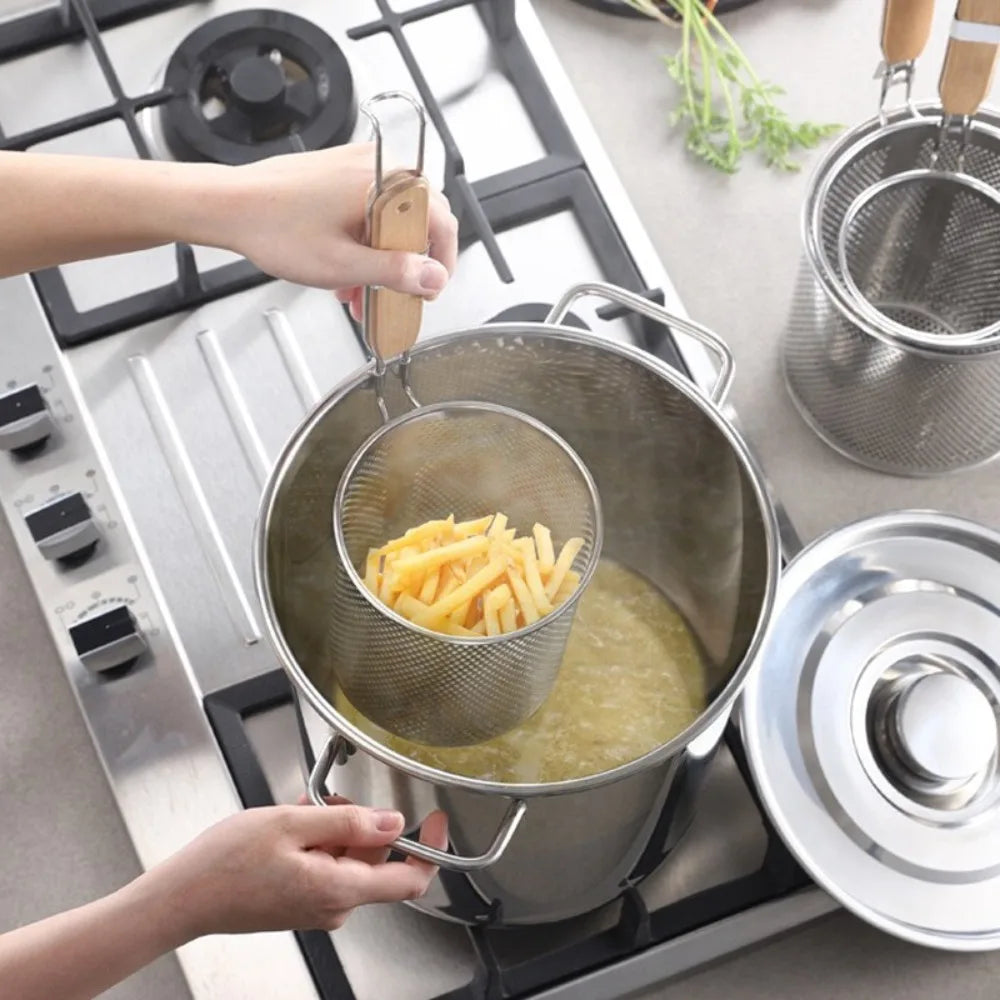 Durable Thickened Stainless Steel Funnel Kitchen Gadgets Wooden Handle Pasta Basket Strainer Multifunctional Noodle Funnel
