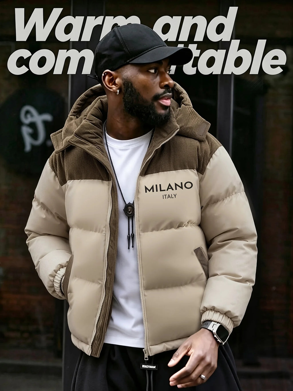 MILANO Printed Patchwork Corduroy Jacket Men Winter Hooded Coat Loose Thickened Outerwear Casual Party Outfit Men's Clothing