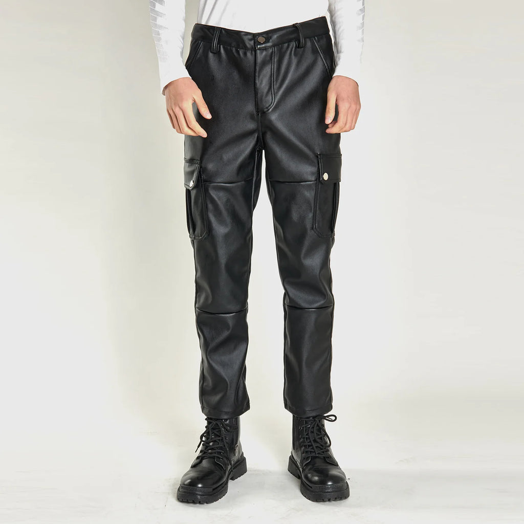 2026 Men's Black Leather Pants, Black Casual Pant, Autumn Fashion Biker PU Pants Loose Comfort Trousers, Khaki Dark Blue 5XL