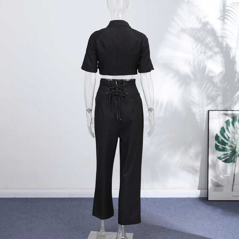 Street Denim Top Pants Women Set Short Sleeve Stand Collar Coats Wide Leg Trousers 2026 Summer Autumn 2 Pieces Set Women New