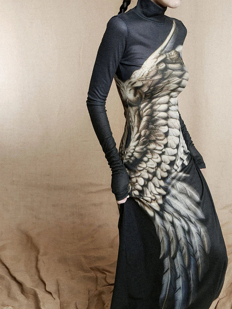 CHEERART Vintage Wing Feather Long Sleeve Dresses Fall 2025 Fashion Woman Turtleneck Mesh A Line Maxi Dress Evening Luxury