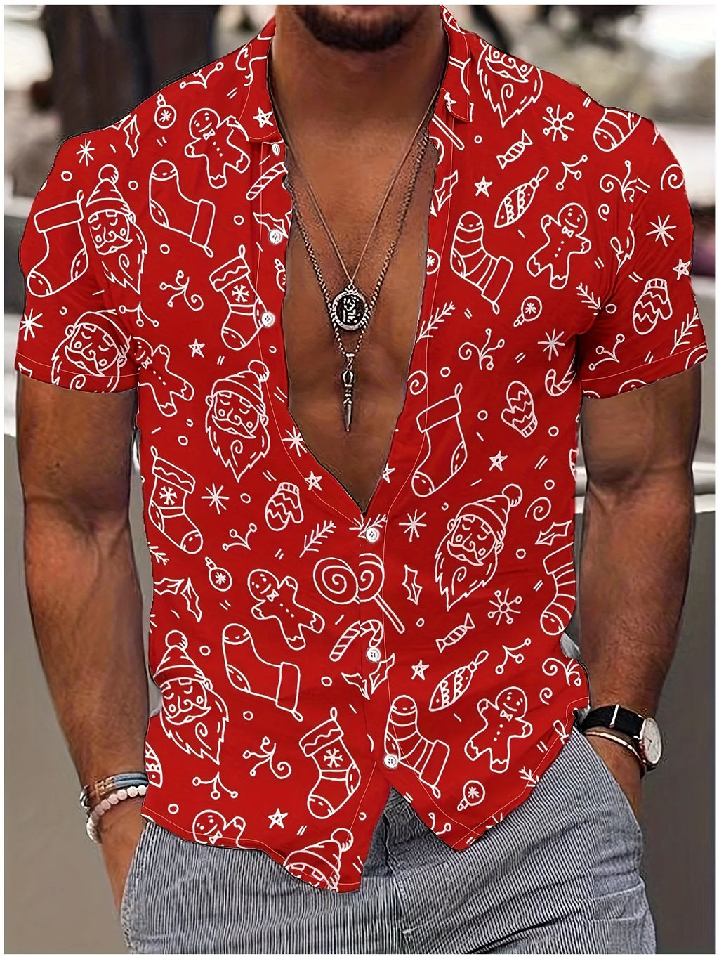 Men's Comic Christmas Graphic Hawaiian Shirt Men Women Fashion Santa Claus Shirt Short Sleeve Blouse Festive Holiday Clothing