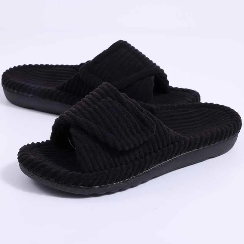 Litfun Open Toe House Slippers For Women New Corduroy Indoor Flat Slides With Adjustable Strap Four Season Lady Orthopedic Shoes