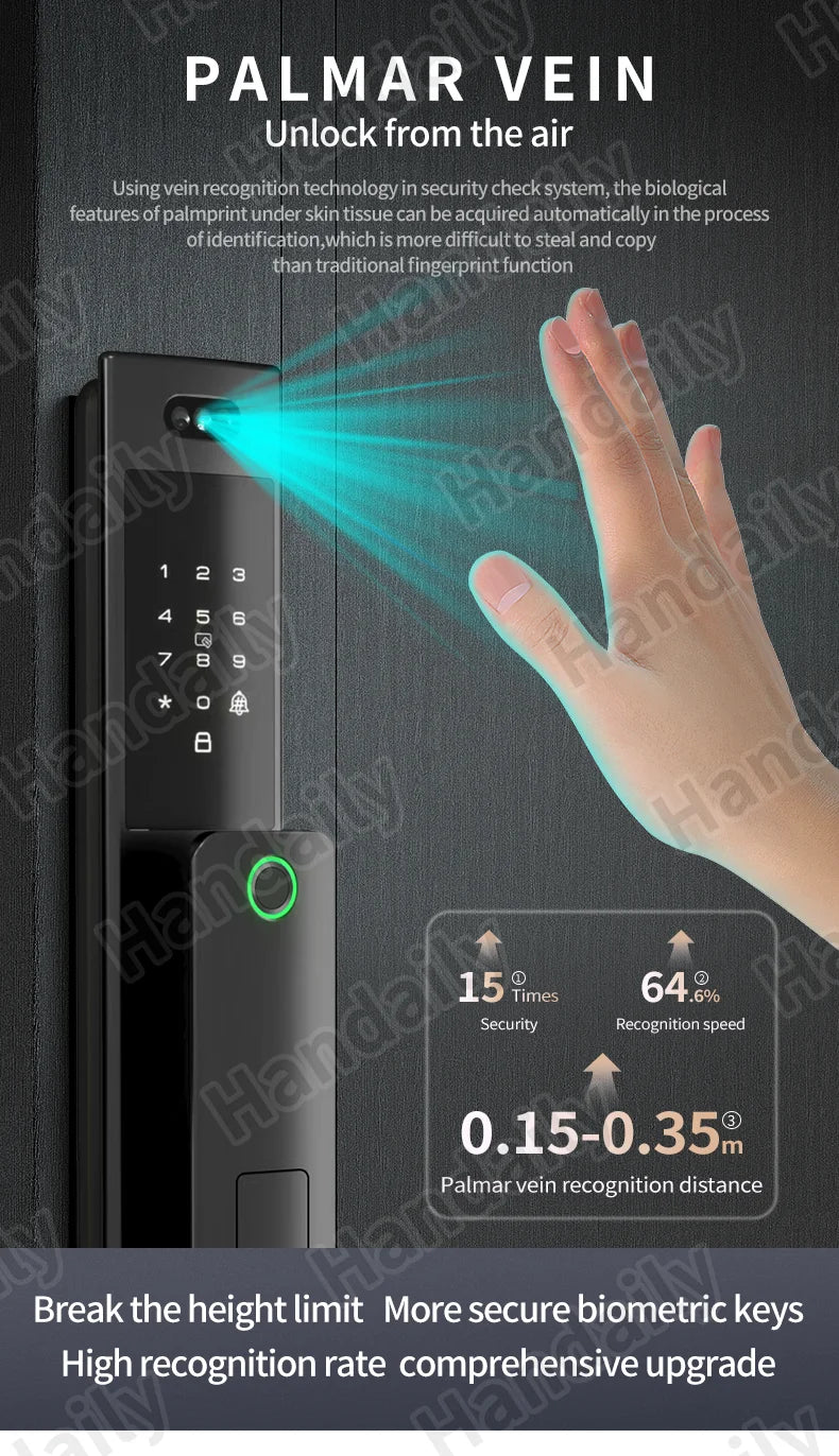 HanDaily Waterproof Smart Door Locks with Camera Video Intercom Palm Face Recognition Smart Lock Tuya Wifi App Remote Control