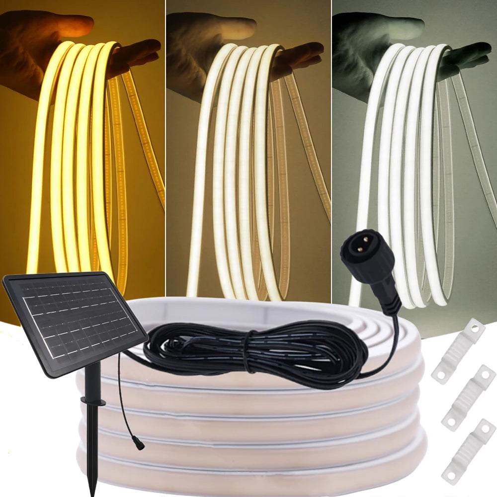 24V COB LED Solar Strip Outdoor Waterproof Neon Light 320LEDs/m Flexible Rope Light Warm Natural White Courtyard Home Lighting