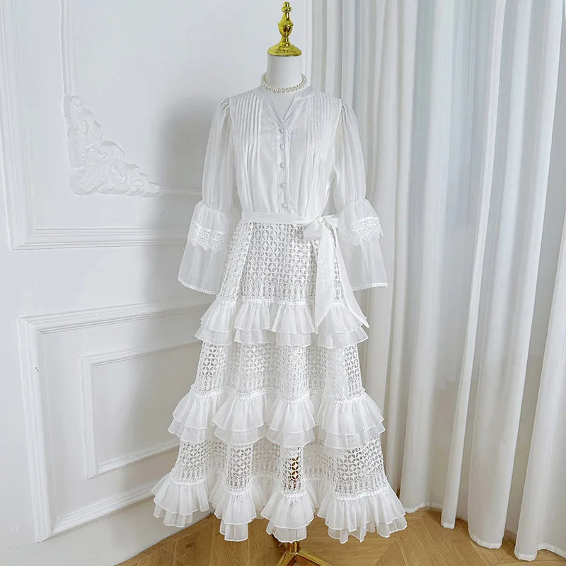 Elegant Hollow Out Lace Dress V-neck Vintage Flare Long Sleeves Chic Bandage A-line Long Dresses French High Street Clothing