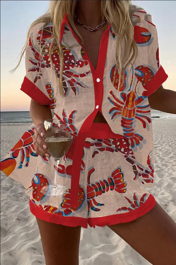 Fashion Print Beach Holiday 2-Piece Set Women Summer Short Sleeve Shirt Top + Wide Legs Short Women's Oversized Two-Piece Outfit