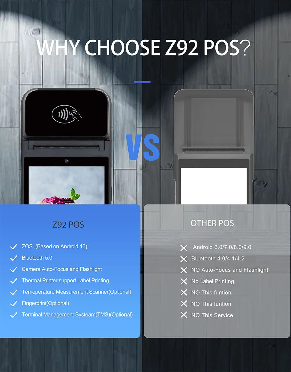 Mobile POS Terminal Android 13.0 Octa-core 2.3GHz 3GB RAM 32GB SSD Wi-Fi Bluetooth USB Thermal Printer Handheld Mobile POS