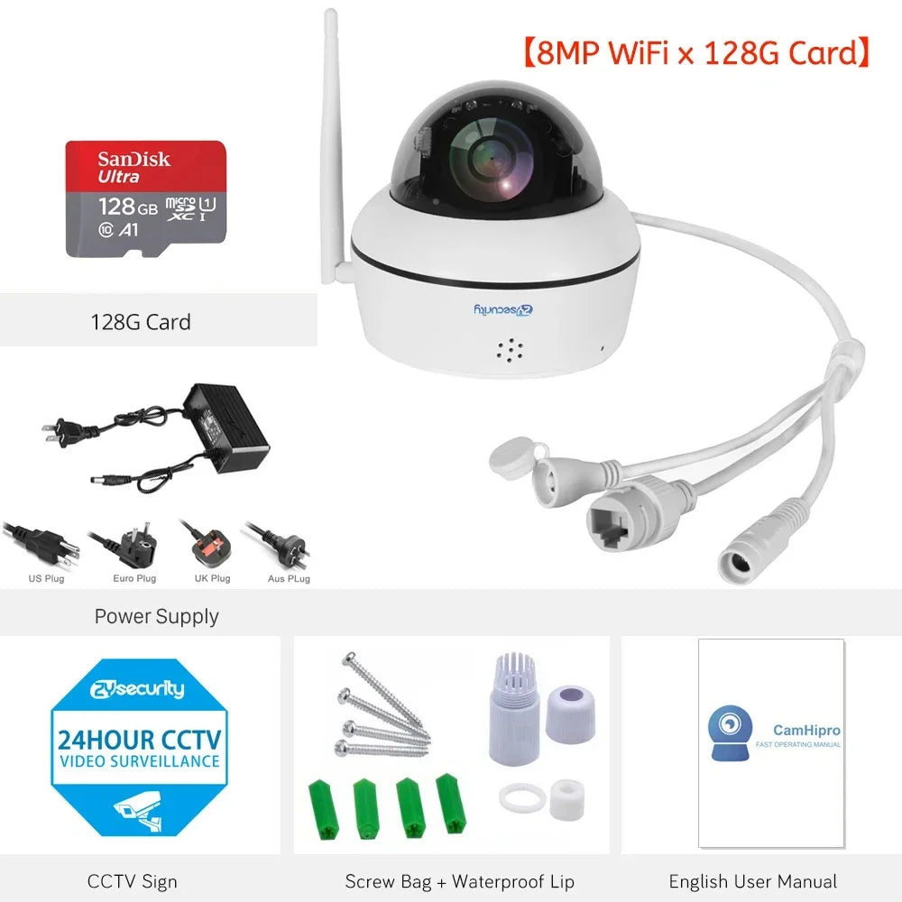 4K 8MP PoE Dome Security Camera Outdoor Human/Vehicle Detect Auto Tracking PTZ Indoor 2-way Audio Wireless IP Cameras Camhipro