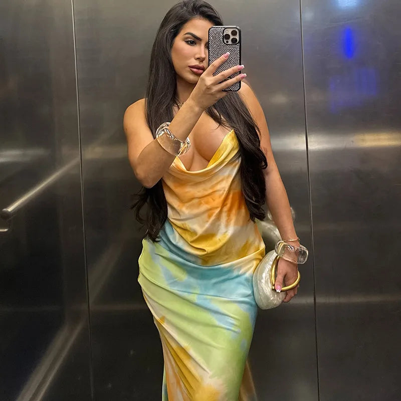 SKMY Summer Women's New Fashionable Streetwear Sexy Low Cut Slim Fit Halter Neck Backless Dress Printed Party Long Dresses