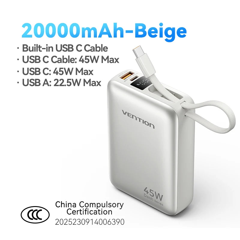 Vention CCC Certification Powerbank 45W 20000mAh Power Bank Type C PD Fast Charging Portable Charger Battery for Phone PC