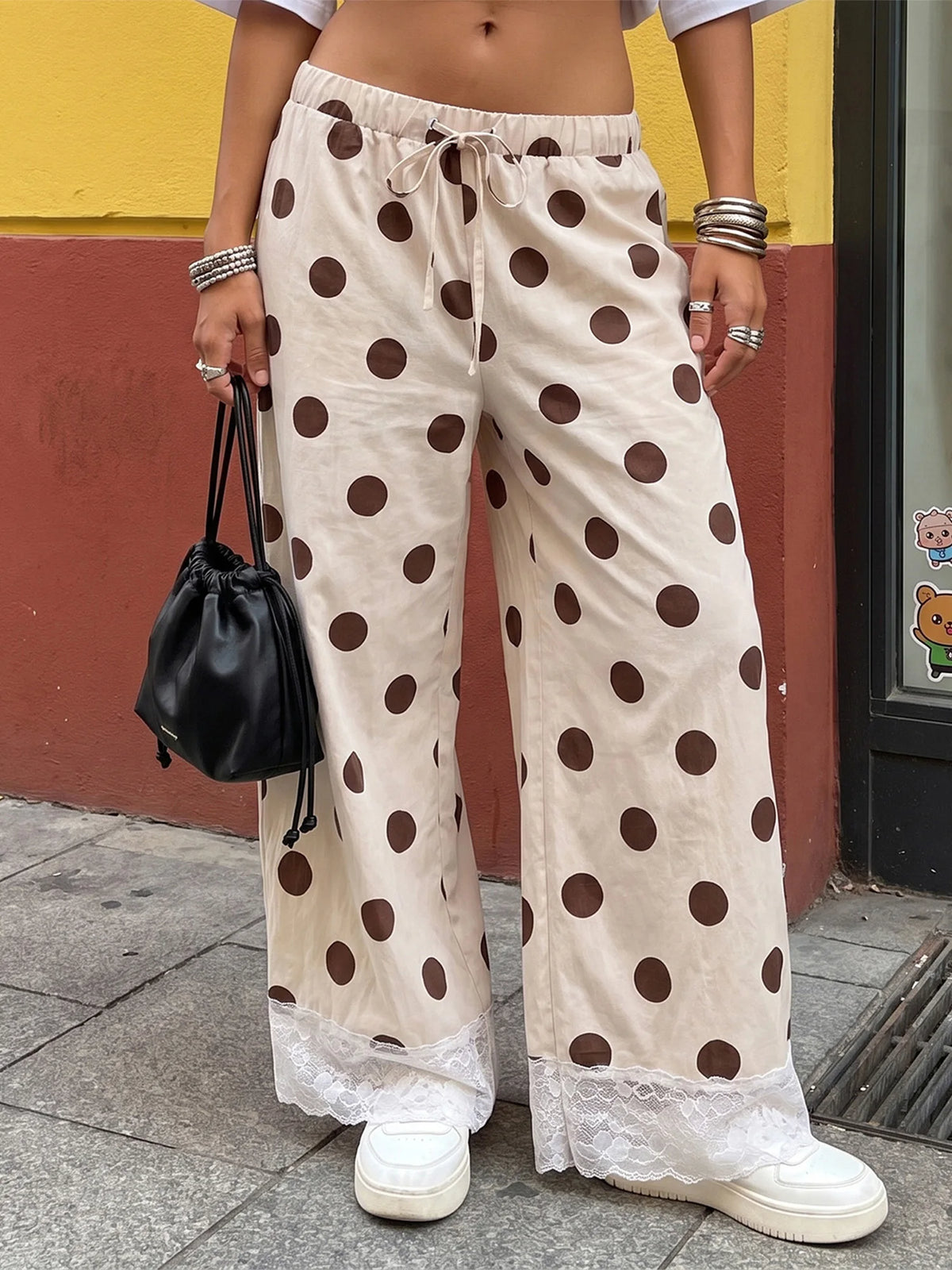 Women Y2K Retro Polka Dot Pants Lace Hem Elastic High Waist Drawstring Loose Fit Trousers Sweet French Style Vacation Bottoms