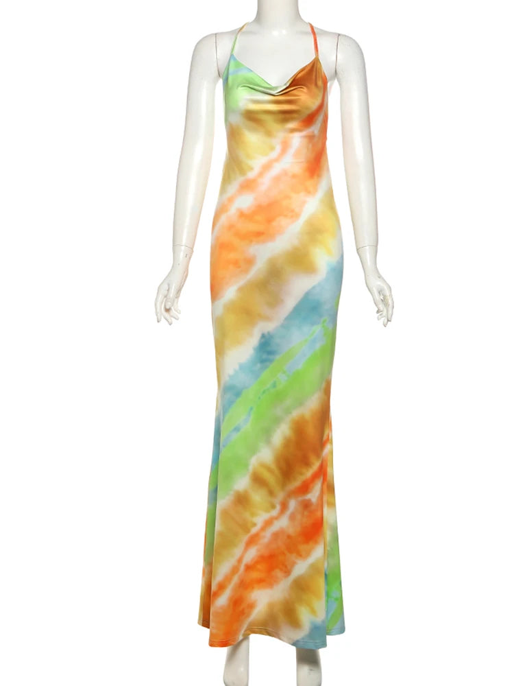 Weird Puss Colorful Fashion Maxi Dress Women Swing Collar Metal Chain Backless Vacation Trend Beach Party Style Elegant Vestidos
