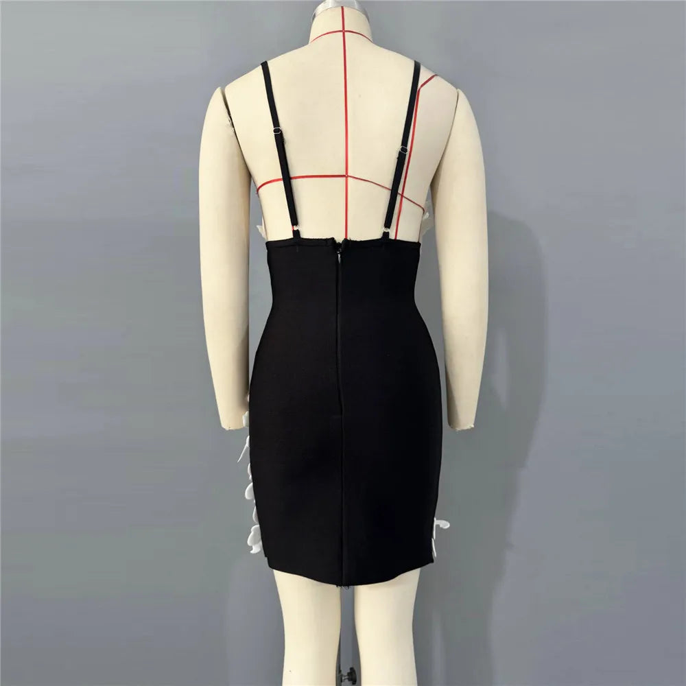 Women Simple 3D Floral Appliques Spaghetti Strap Bandage Dresses Deep V-Neck Backless Club Party Mini Dress