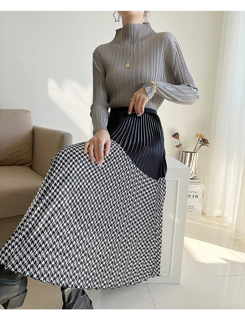 Miyake Pleated Long Sleeves Tops Fall 2025 Winter Korean Fashion Women Classic Solid Color Turtleneck Casual Elegant T-shirt