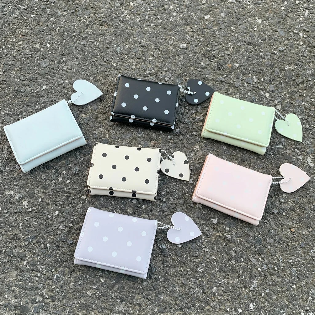 Mini Bifold Women's Wallet, Polka Dot PU Multi-functional Key Hanging Card Holder Purse for Daily Outing Small Gift