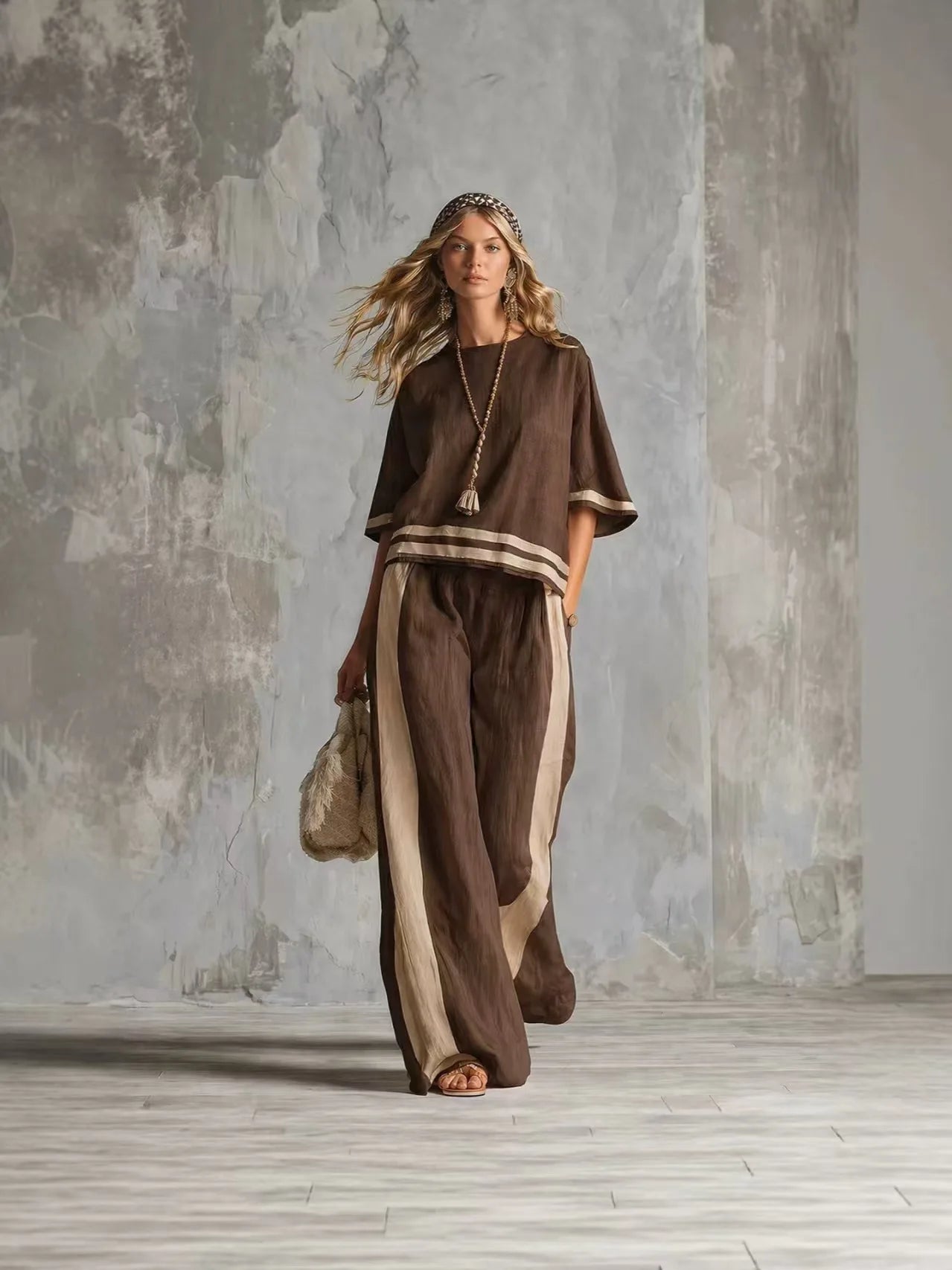 Women Boho 2 Piece Outfit Striped Trim Short Sleeve Tops Wide Leg Pants Summer Linen Casual Two Piece Set Vacation Suit