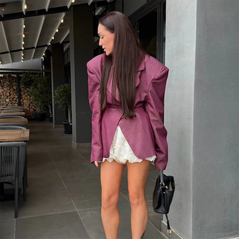 Dark Burgundy Waist-Cinching Shoulder Pad Blazer 2026 Women's Stand Collar Button Design Height-Enhancing Slimming Commute Coat
