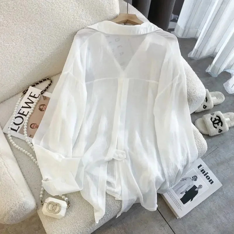 Fashion Back Slit Chiffon Sun Protection Blouse Women Summer New Loose Thin Tops Y2K Korean Chic Long Sleeve Lapel Shirts