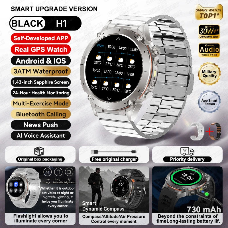 2026 New GPS Smart Watches 10 ATM Waterproof Built-in Dual-band GNSS Compass Military Sport Men SWIM Smartwatch For Android IOS