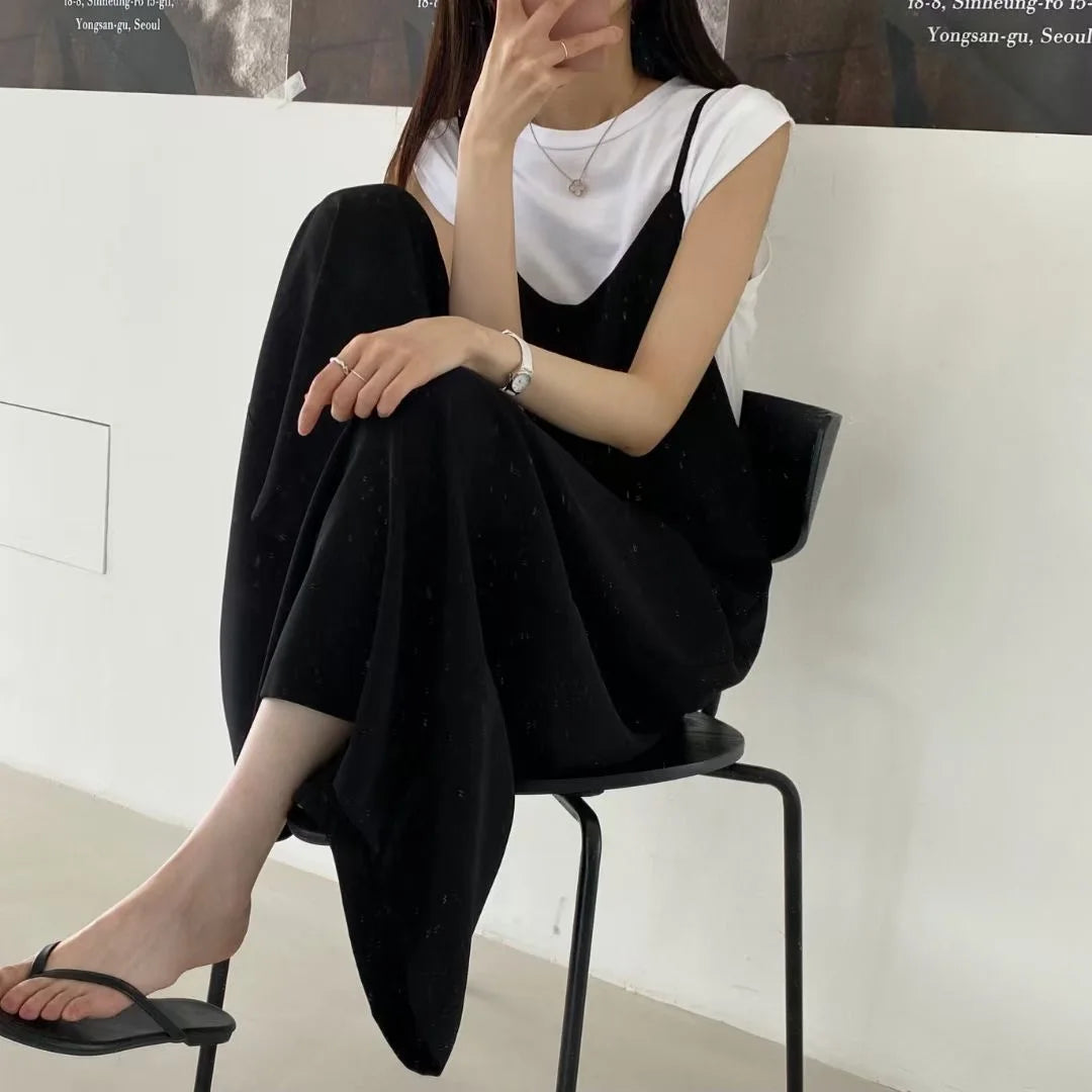Versatile Loose Fit Slimming Shoulder Strap Pants Casual Pants Jumpsuit 2 Colors Drapey Comfortable Mid-aged Women's Pants