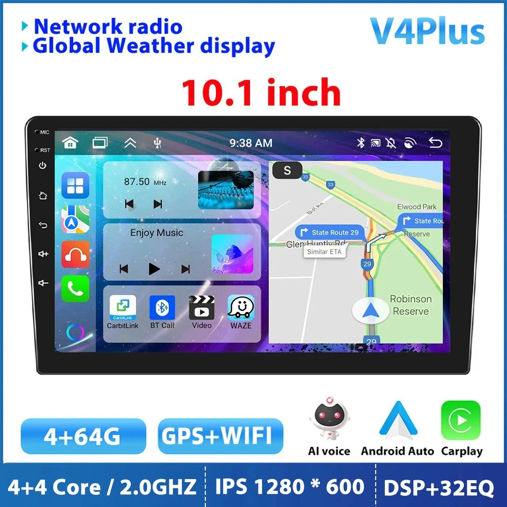Podofo Android 12 Car Radio Androidauto Carplay 2 Din GPS Car Audio 7"/9"/10" WIFI BT Automotive Multimedia Player For VW Ford