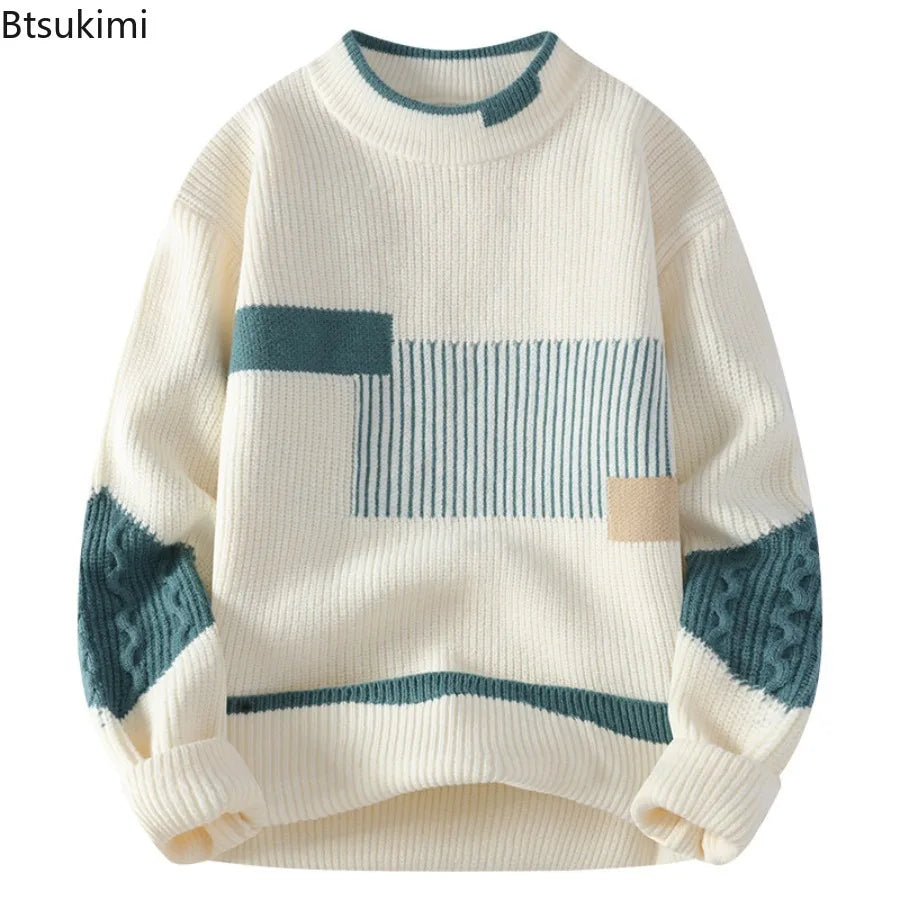 New Men's Mock Neck Knitted Sweaters Fashion Patchwork Knitting Pullovers Autumn Winter Daily Casual Warm Pullover Sweaters Male
