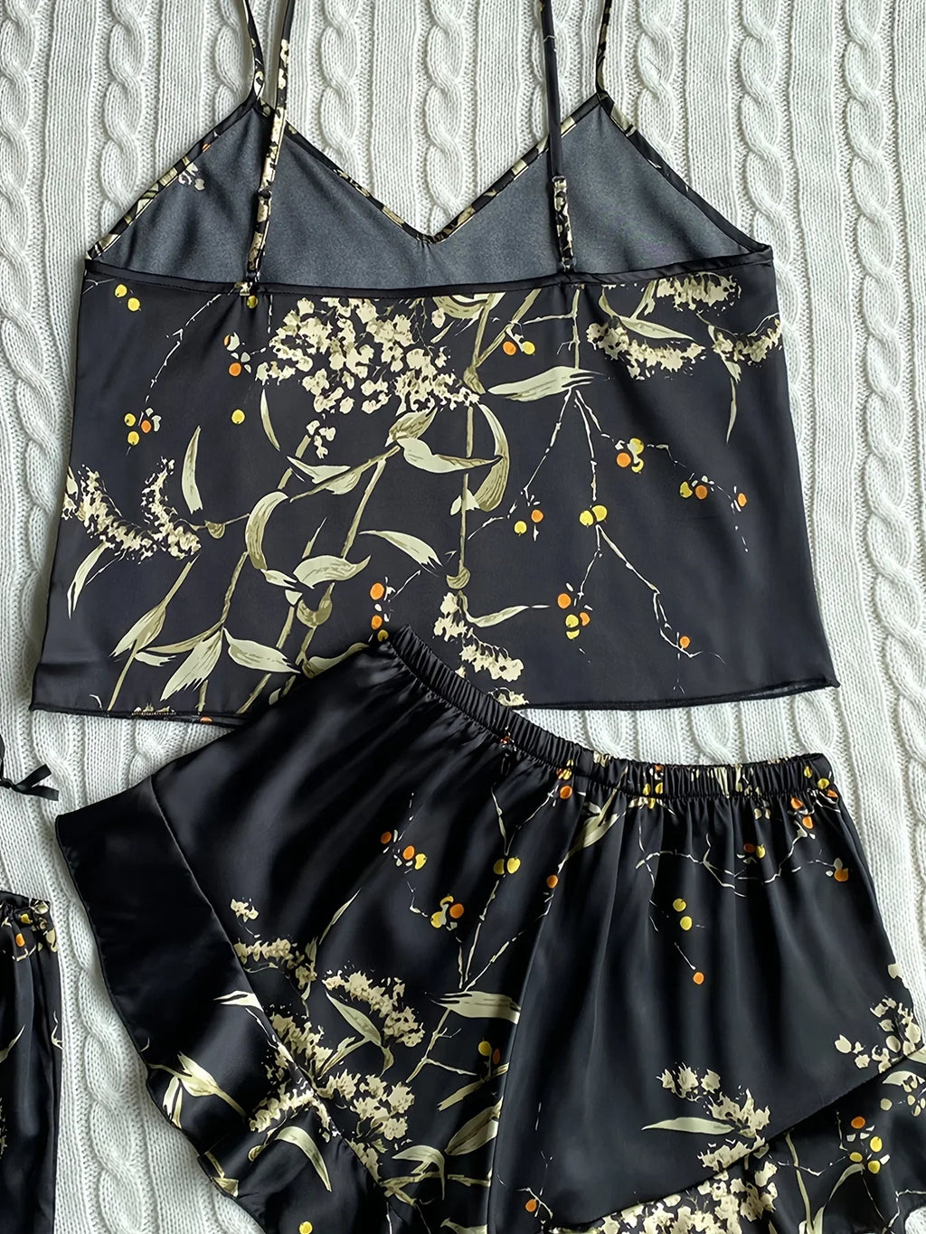 Summer Elegant  Print Cami Tops Ruffle Hem Shorts Pajama Set  Women's Sleepwear V Neck Strap Loungewear