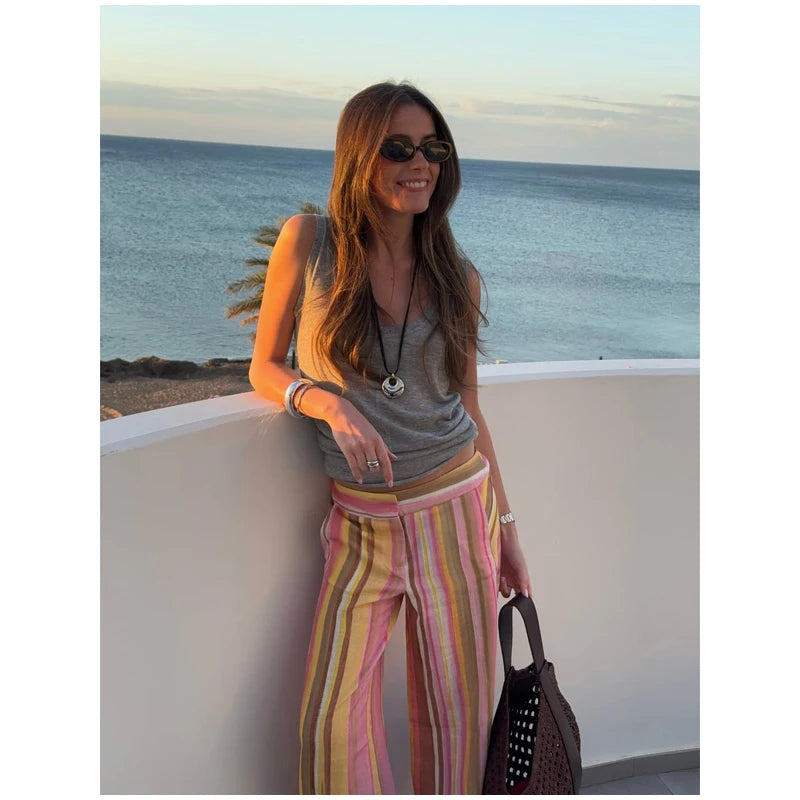 Women‘s Colorful Striped Pant New Summer Straight Multicolor Wide Leg Long Pants Casual Fashion Streetwear Female Outfit 2026